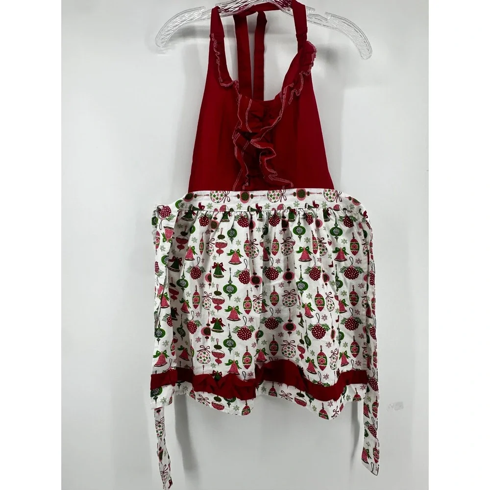 Christmas Kitchen Apron Red Green Ornament Bell Print Ruffle Cotton